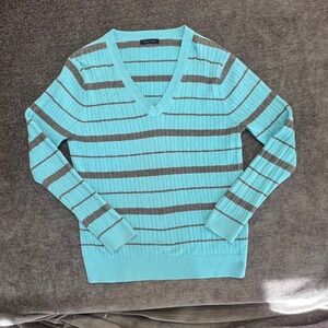 Tommy Hilfiger Striped Cable Knit V Neck Sweater Women‎ Blue teal Cotton Medium